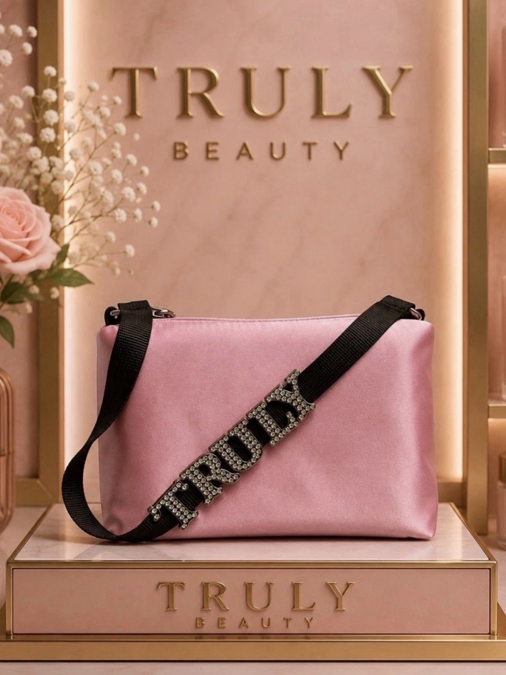 Pink Satin Crossbody Bag with Embellished Strap From Truly